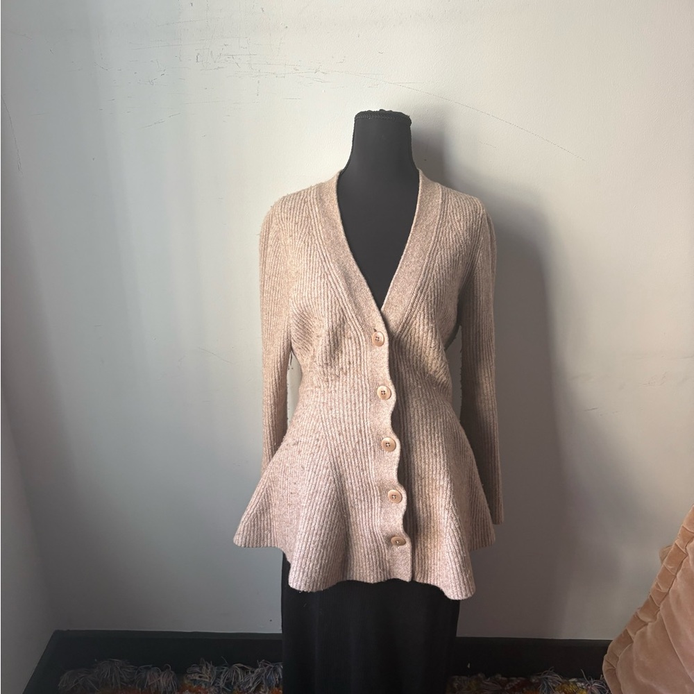Maeve Beige Ribbed Button-Front Peplum Cardigan - Picture 6 of 7